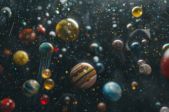 Generative ai on theme of parade of planets in solar system, bright stars glow in atmosphere
