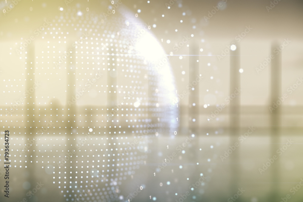 Poster Double exposure of abstract digital world map hologram on empty room interior background, big data and blockchain concept