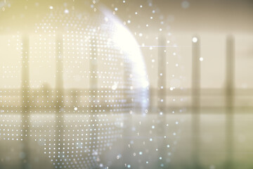 Double exposure of abstract digital world map hologram on empty room interior background, big data and blockchain concept