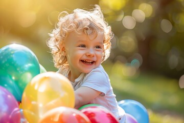 Children have fun playing with colorful balloons in the garden.