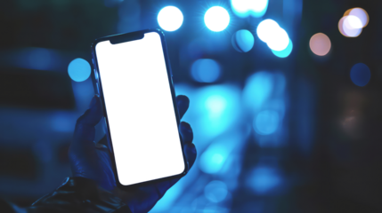 A hand holding an Smartphone with transparent screen, blurred background, closeup shot of the phone.
