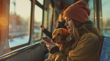 Young female passenger using mobile phone while commuting with dog in train - obrazy, fototapety, plakaty