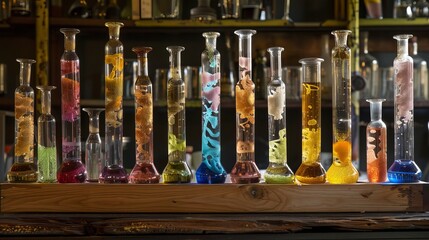 Scientist conducting experiments with colorful liquids in laboratory test tubes