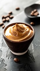 Trendy coffee in ceramic cup on white background.