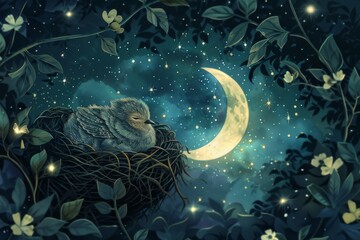 Illustration of a baby bird nestled in a nest, surrounded by a canopy of twinkling stars and a crescent moon