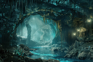 Fototapeta premium Generative ai on theme of a large beautiful sharp stalactites hanging down from deep mountain cave