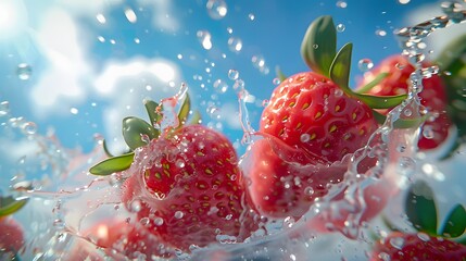 Fresh pink strawberries splashing in water with bubbles, creating a happy, fresh, and feminine summer fruit background.