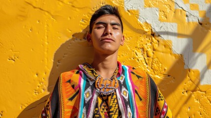 Obraz premium A vibrant portrait featuring a young man adorned in colorful garb a poncho stands out against a sunny yellow backdrop