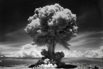 Generative ai on theme of scary nuclear explosion in outdoor, mushroom cloud of nuclear weapons - obrazy, fototapety, plakaty