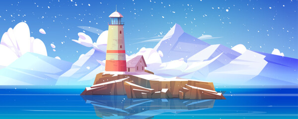 Winter landscape with lighthouse on island cliff. Snow mountain coast scene in peaceful ocean water and beacon design. Nautical seaside journey background. Marine building view panorama wallpaper