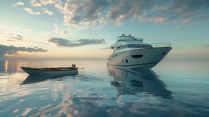 contrast in wealth with a luxurious yacht and a simple rowboat, symbolizing different lifestyles,...