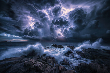 Generative ai on theme of scary bright electric lightning bolt with branches in the night dark sky