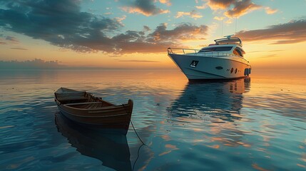 contrast in wealth with a luxurious yacht and a simple rowboat, symbolizing different lifestyles, portrayed in full ultra HD high resolution against a serene backdrop.