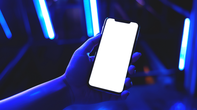 A hand holding an Smartphone with transparent screen, blurred background, closeup shot of the phone.