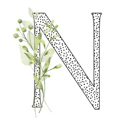 Letter N, floral monogram with watercolor leaf. Letterhead, initial perfectly for wedding invitation, greeting card, logo, poster and other design. Holiday design hand painting.