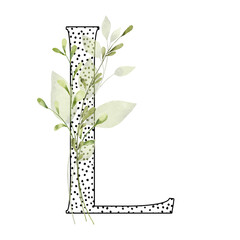 Letter L, floral monogram with watercolor leaf. Letterhead, initial perfectly for wedding invitation, greeting card, logo, poster and other design. Holiday design hand painting.