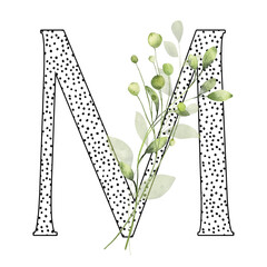 Letter M, floral monogram with watercolor leaf. Letterhead, initial perfectly for wedding invitation, greeting card, logo, poster and other design. Holiday design hand painting.