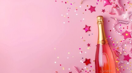 Champagne bottle with glittering confetti stars. A celebratory cava bottle surrounded by ribbons, and baubles on a color background, depicting festivity and luxury. Great design for postcard, banners - obrazy, fototapety, plakaty