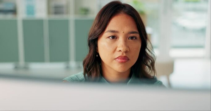 Female person, computer and research in home office or working for career, web design or developer with internet. Asian woman, technology and job in house with website, online or creative study