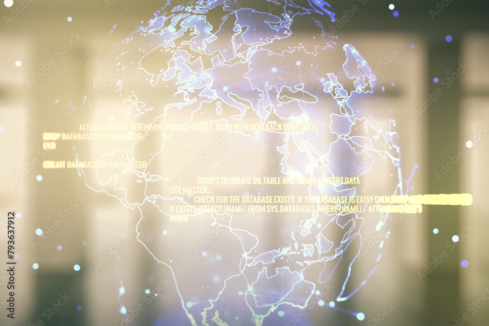 Poster double exposure of abstract programming language hologram and world map on empty modern office backg