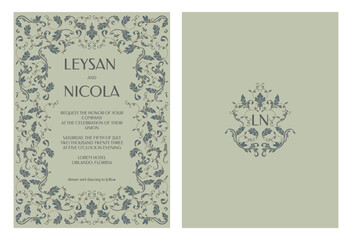 Elegant invitation card template.  Frame, monogram in classic style. Graphic design page.
