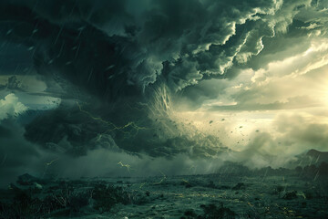 Generative ai on theme of scary ominous huge hurricane tornado, apocalyptic dramatic background - obrazy, fototapety, plakaty