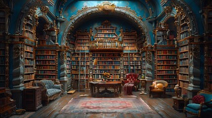 Obraz premium Frame a moment of digital introspection with a panoramic shot of a virtual library, where shelves stretch into infinity, offering endless knowledge and wisdom waiting to be discovered.