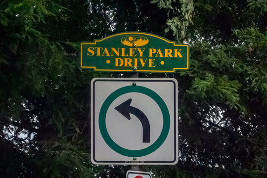 Vancouver, British Columbia, Canada. Apr 21, 2024. Stanley Park DriveRoute sign in Vancouver, British Columbia
