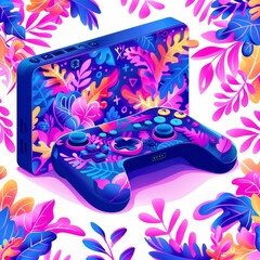 A vividly colored gaming console and controller set against a backdrop of lush watercolor foliage, blending technology with the beauty of nature.