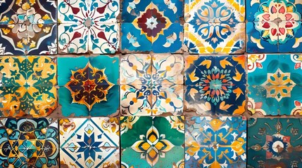 Persian tile pattern with colorful designs and geometric arrangements