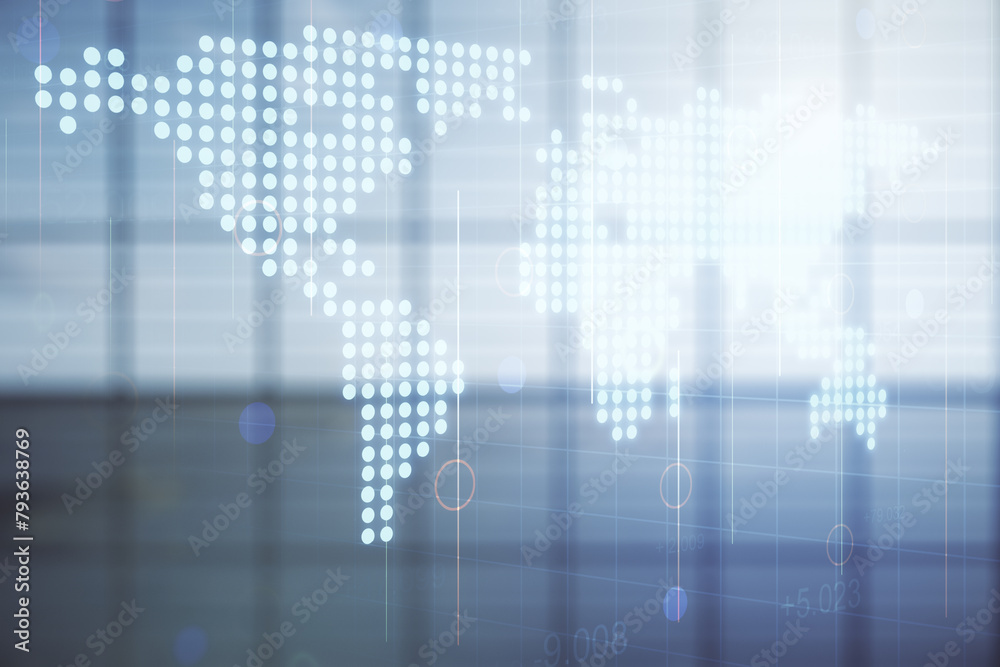 Poster multi exposure of abstract creative digital world map hologram on empty modern office background, re
