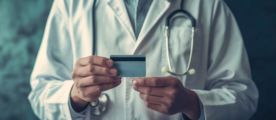 Doctor in a white coat holding out a credit card with a stethoscope in the background - Healthcare and Financial Affordability Concept