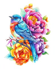 A dazzling bird adorned with a spectrum of colors perches gracefully upon lush peonies in this detailed watercolor illustration.