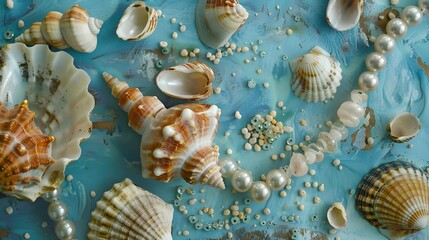 Coastal elegance: a curated display of shells and lustrous pearls amidst granules on a tranquil blue canvas