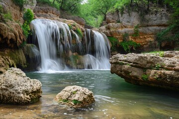 Waterfalls cascading down from cliffs into the pools below.