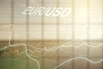 Double exposure of abstract virtual EURO USD forex chart hologram on empty modern office...