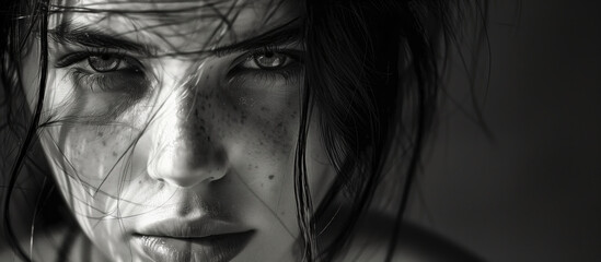 Close-up of a woman's intense look, with windswept hair and a shadowy, textured backdrop - Unbreakable, Gritty, and a Survivor Concept Image