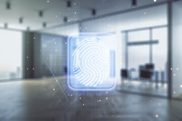 Multi exposure of virtual abstract fingerprint illustration on a modern furnished office background, digital access concept