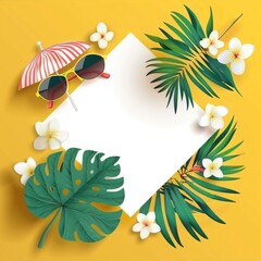 summer sale background. square card with sunglasses, palm leaves and flowers on a yellow background with an umbrella. Summer banner or poster design  vacation concept. 