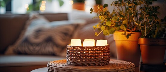 Naklejka premium A wicker candle holder rests on a wooden table in a cozy living room