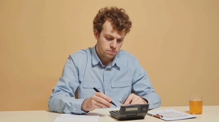 An accountant in a light blue shirt, concentrating on a calculator, brows furrowed in focus, against a simple cream background, styled as a candid professional moment.