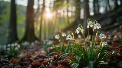 Leucojum vernum flowers in the forest during springtime in the mountains - obrazy, fototapety, plakaty