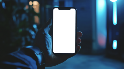 A hand holding an Smartphone with transparent screen, blurred background, closeup shot of the phone.