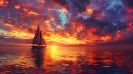 Sailing Boat Against The Backdrop Of A Vibrant Sunrise Sky