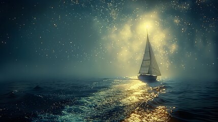 Sailing Boat At Night, Illuminated By The Full Moon