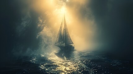 Sailing Boat Navigating Through A Dense Blanket Of Fog - obrazy, fototapety, plakaty