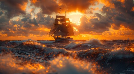 Sailing Ship Cutting Through The Waves Under A Dramatic Sky