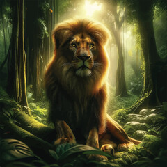 Asiatic Lion , Surveys Lush Forest Realm and  powerful lion
