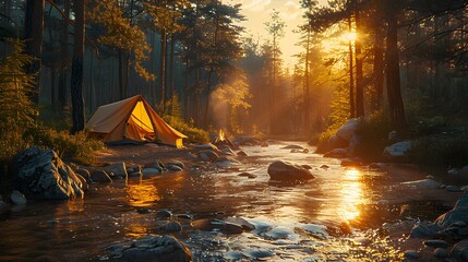 Sunset Illuminating A Tent Pitched Beside A Tranquil Stream In Forest