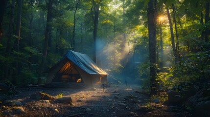 Tent Nestled Among Towering Trees In The Rainforest